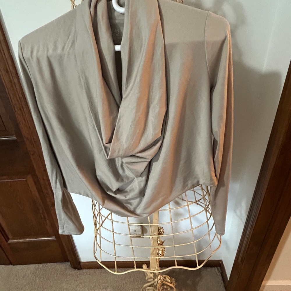 Chelsea & Theodore Draped Cowl Neck Long Sleeve Top - Taupe